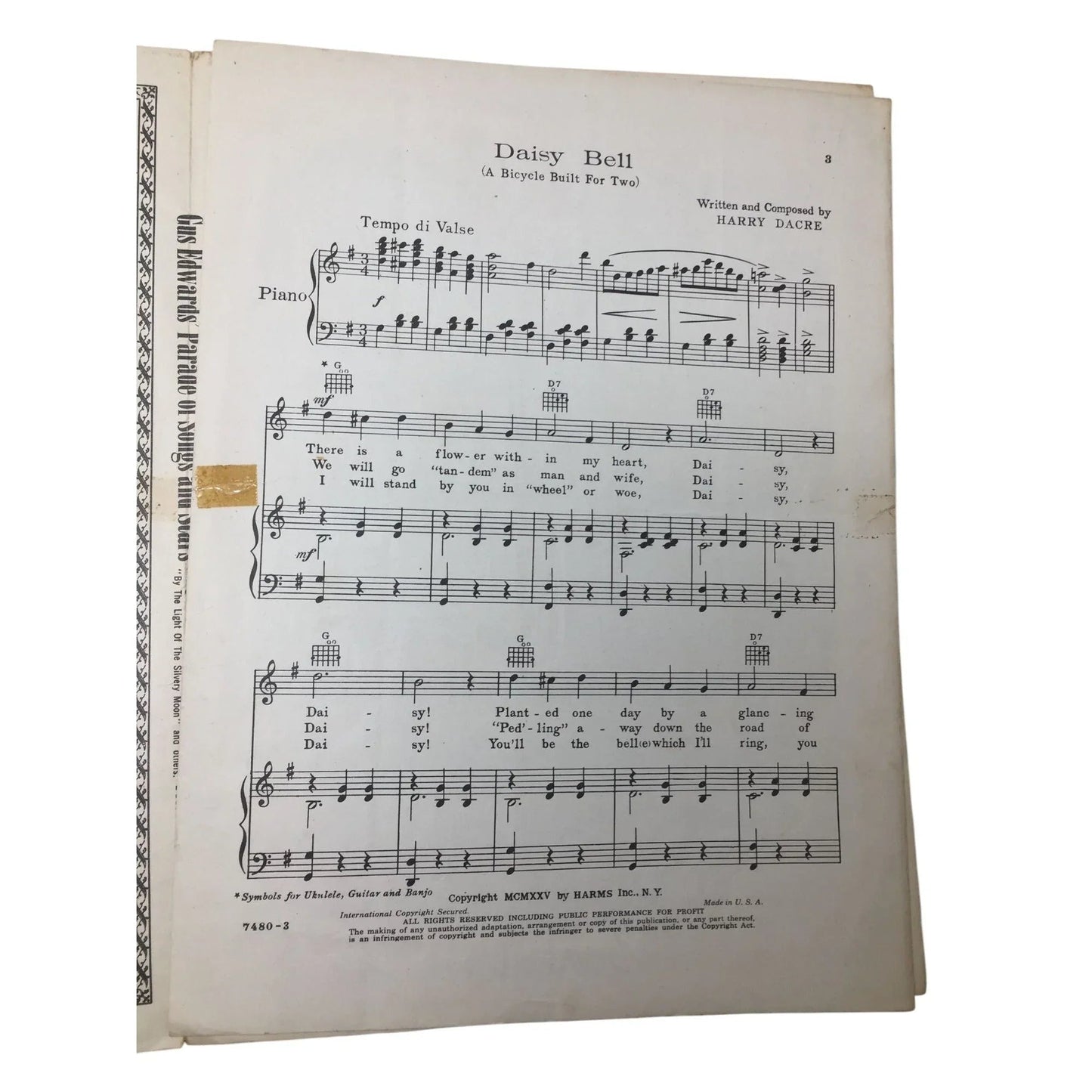 (A Bicycle Built For Two) Words and music by Harry Dacre - Daisy Bell - A+ Stuff - SHEET MUSIC - A+ Stuff