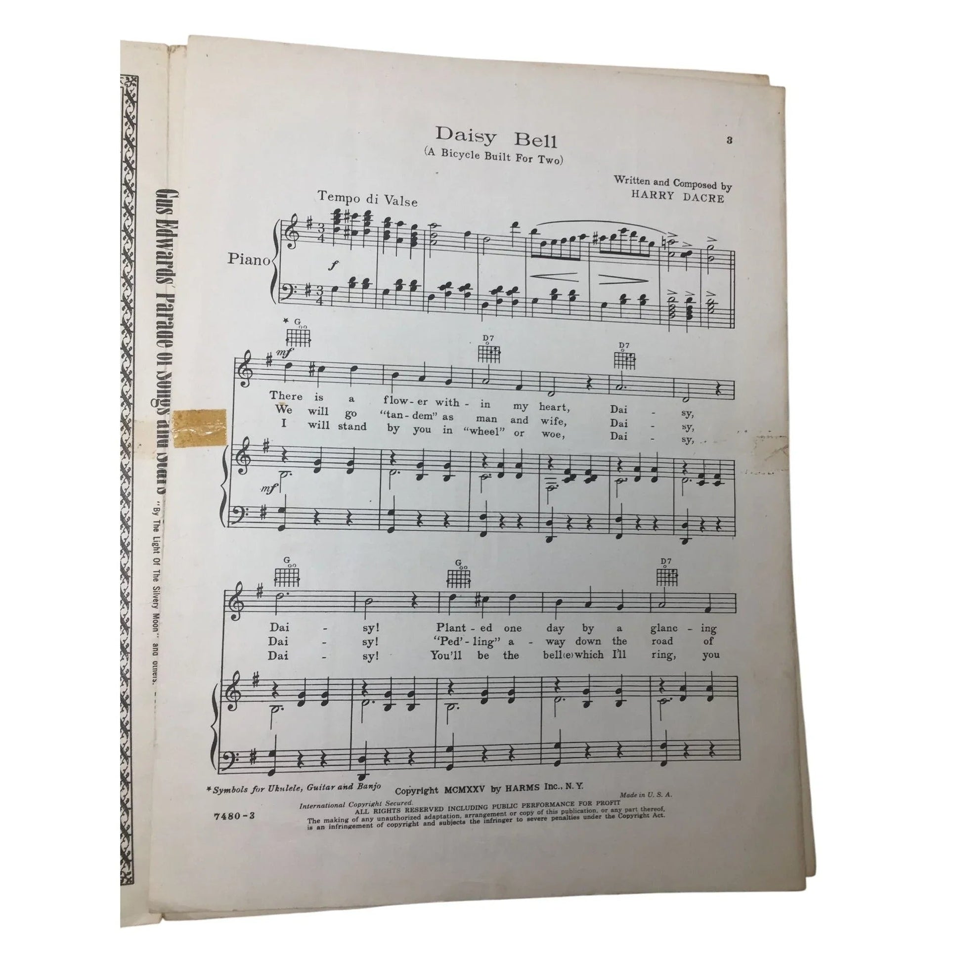 (A Bicycle Built For Two) Words and music by Harry Dacre - Daisy Bell - A+ Stuff - SHEET MUSIC - A+ Stuff