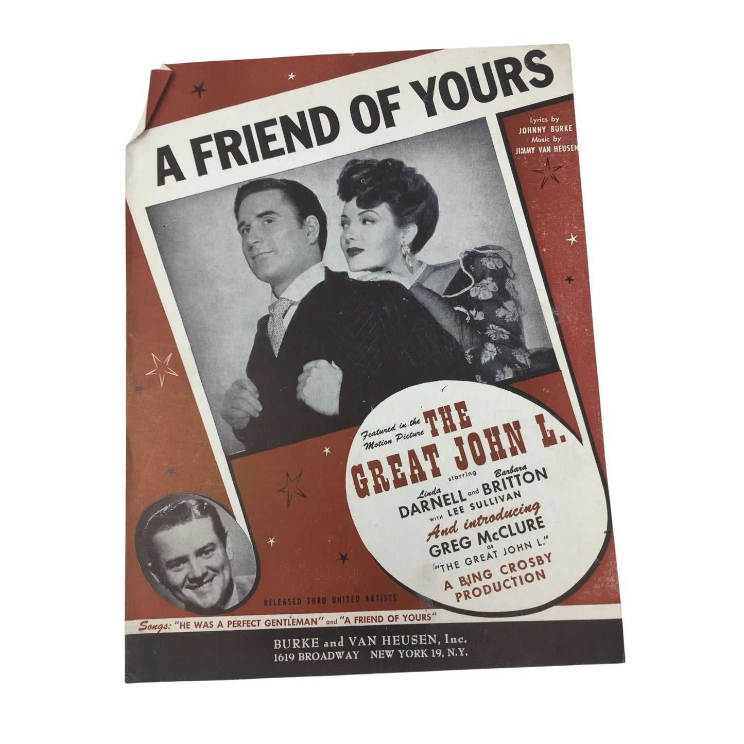 ''A Friend of yours'' Vintage Sheet Music by Johnny Burke and Jimmy Van Heusen - A+ Stuff - SHEET MUSIC - A+ Stuff