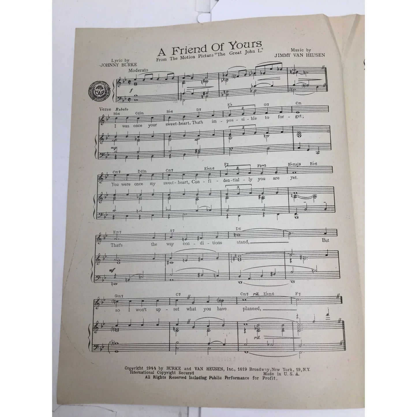 ''A Friend of yours'' Vintage Sheet Music by Johnny Burke and Jimmy Van Heusen - A+ Stuff - SHEET MUSIC - A+ Stuff