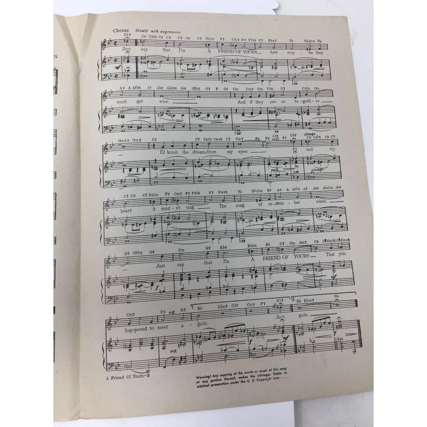 ''A Friend of yours'' Vintage Sheet Music by Johnny Burke and Jimmy Van Heusen - A+ Stuff - SHEET MUSIC - A+ Stuff