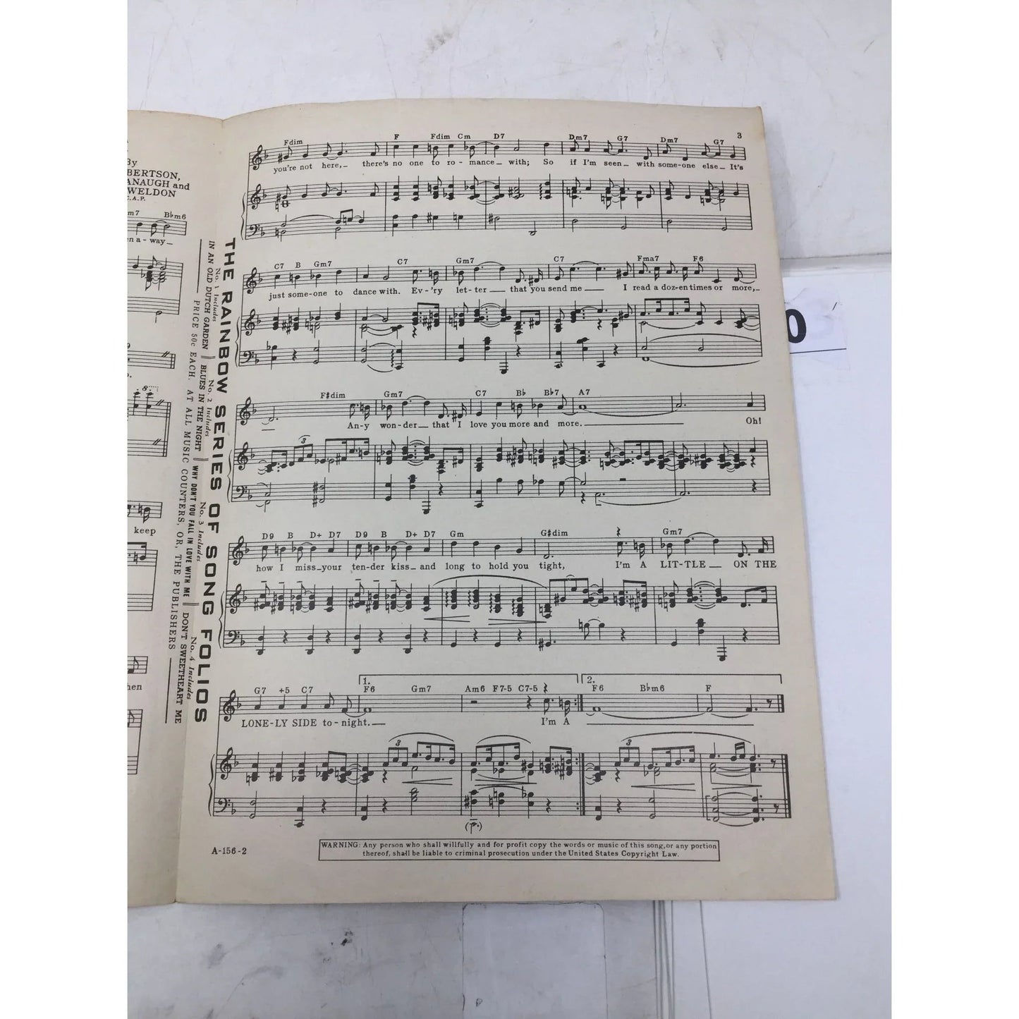 A LITTLE ON THE LONELY SIDE VINTAGE 1944 SHEET MUSIC - A+ Stuff - SHEET MUSIC - A+ Stuff