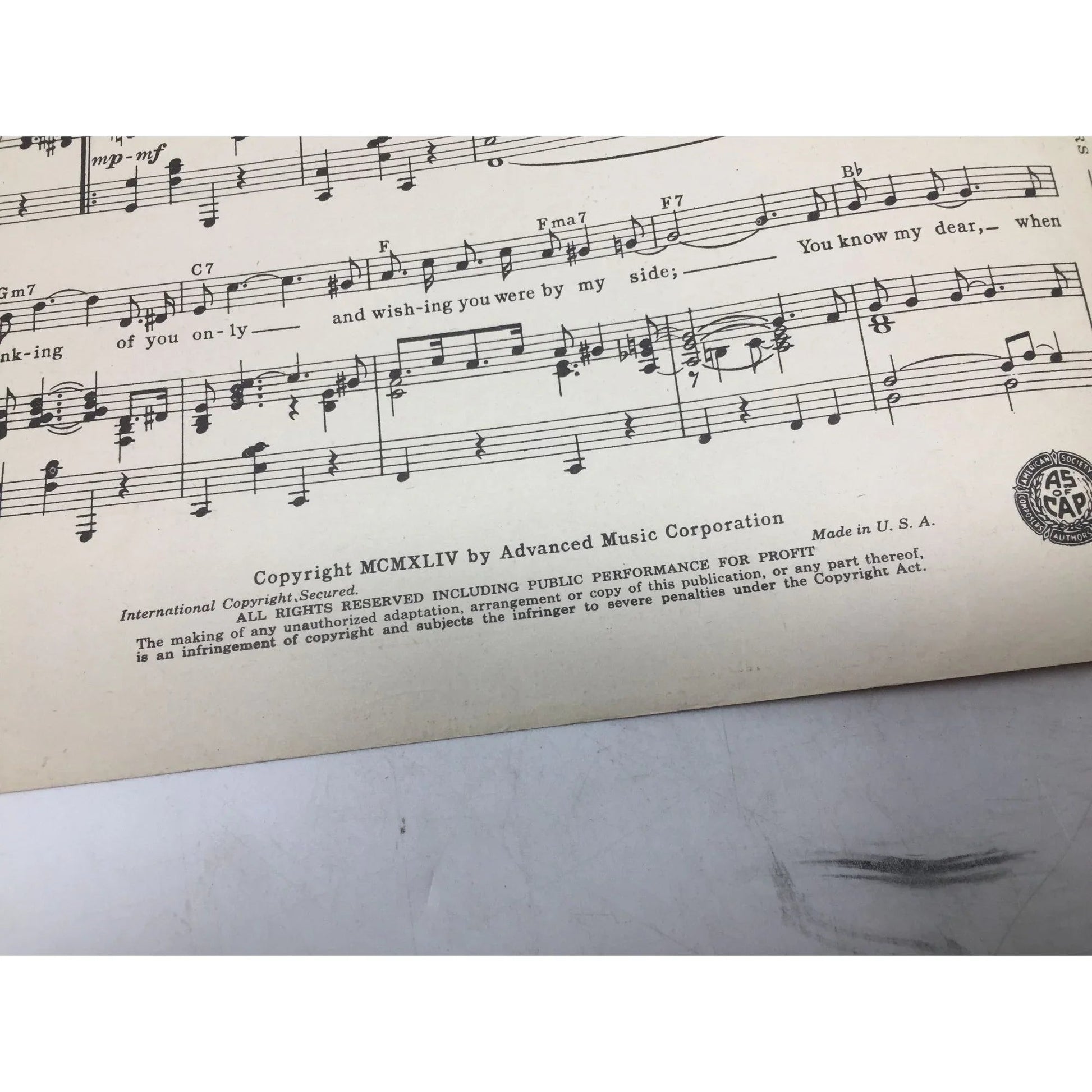 A LITTLE ON THE LONELY SIDE VINTAGE 1944 SHEET MUSIC - A+ Stuff - SHEET MUSIC - A+ Stuff