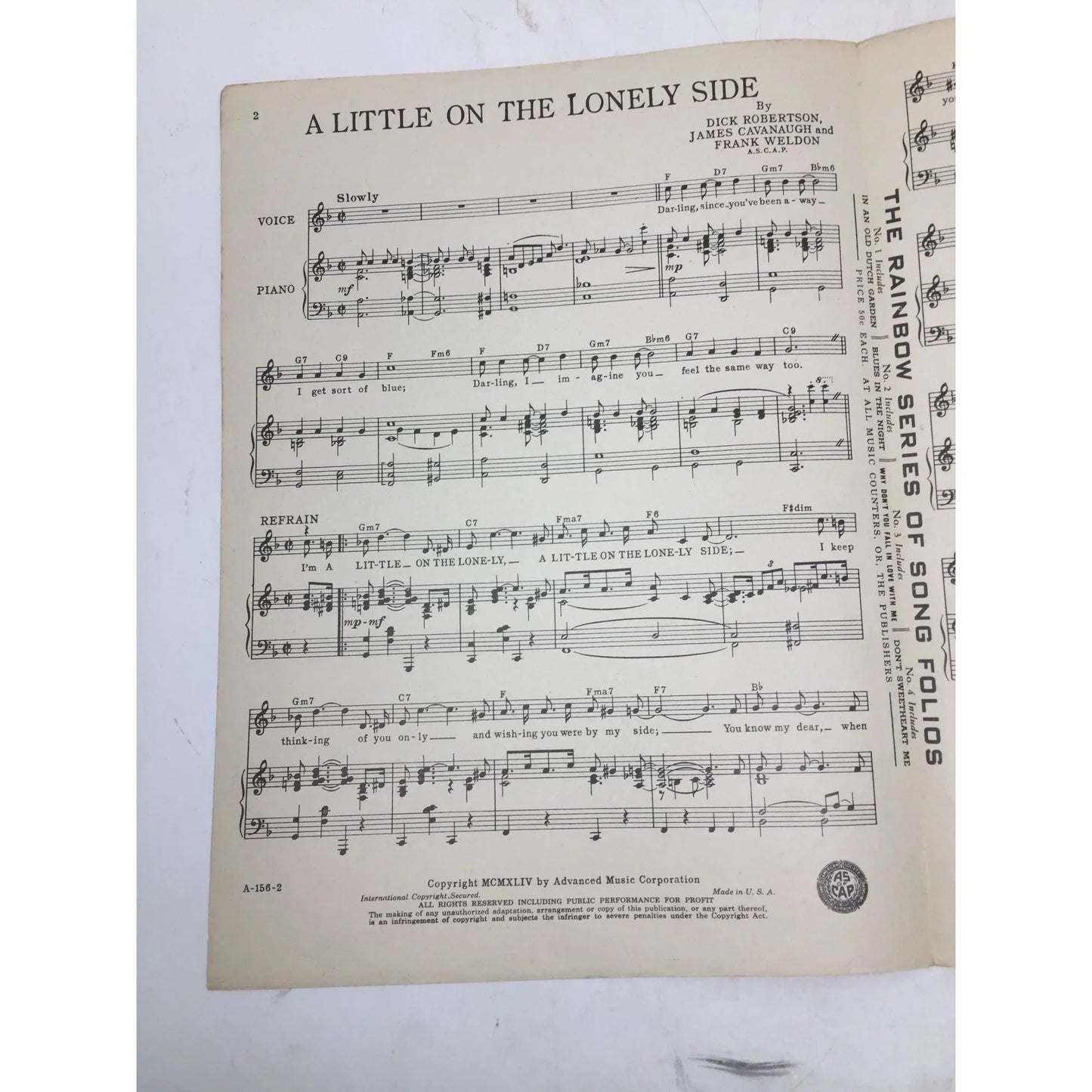 A LITTLE ON THE LONELY SIDE VINTAGE 1944 SHEET MUSIC - A+ Stuff - SHEET MUSIC - A+ Stuff
