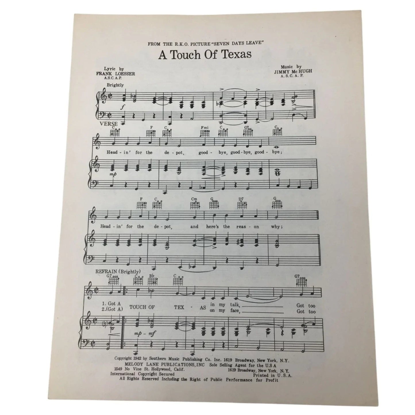 ''A TOUCH OF TEXAS'' Vintage 1942 Sheet Music - A+ Stuff - sheet music - A+ Stuff