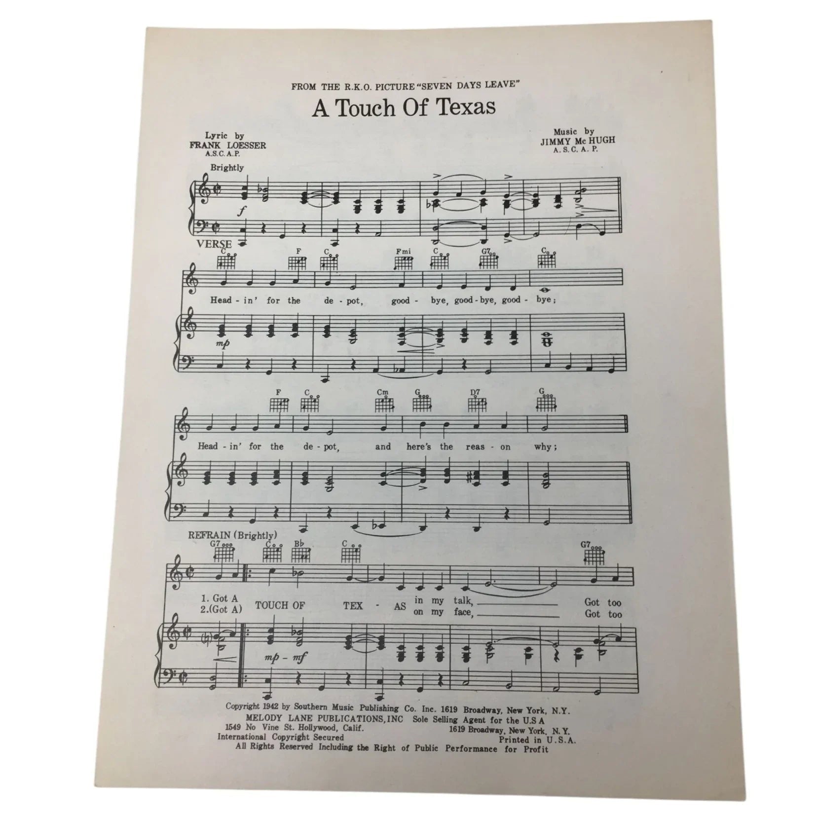 ''A TOUCH OF TEXAS'' Vintage 1942 Sheet Music - A+ Stuff - sheet music - A+ Stuff