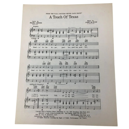 ''A TOUCH OF TEXAS'' Vintage 1942 Sheet Music - A+ Stuff - sheet music - A+ Stuff