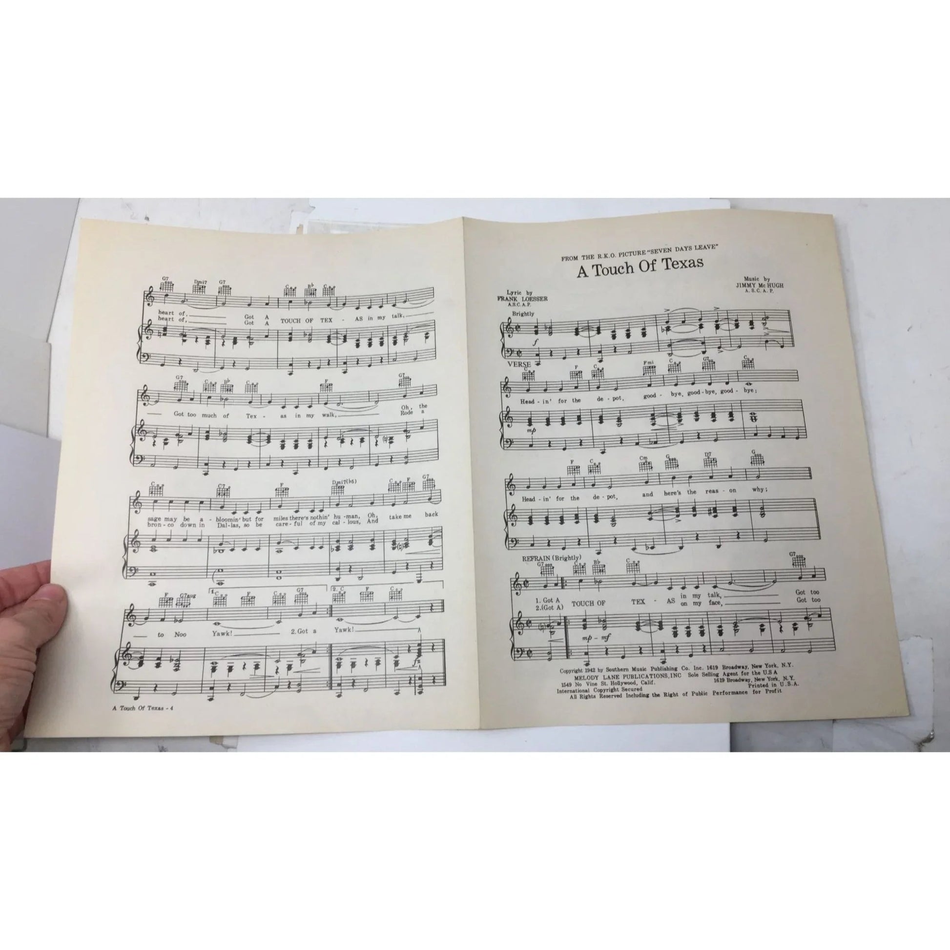 ''A TOUCH OF TEXAS'' Vintage 1942 Sheet Music - A+ Stuff - sheet music - A+ Stuff