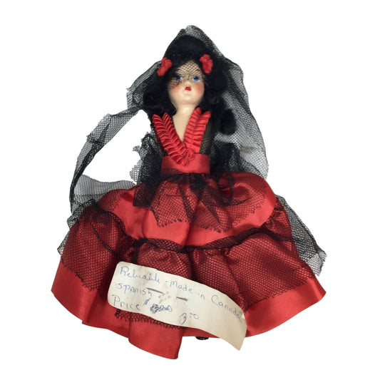 Vintage Collectible Spanish Dancer Doll Black Hair, Blue Eyes Wearing Red/Black Dress - Beautiful!