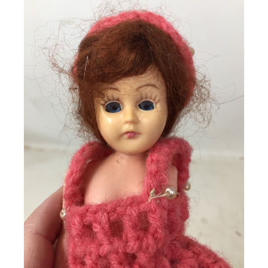 Vintage Collectible Doll Red Hair, Blue Eyes Wearing Crochet Pink Dress w/ Faux Pearls