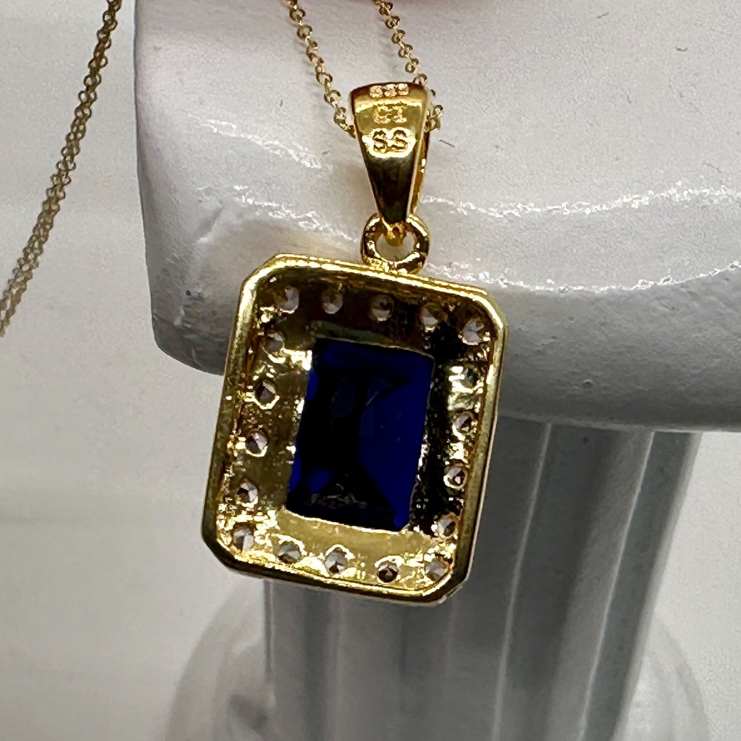 Beautiful 4 Carat Emerald Cut Blue Amethyst Pendant Heart Filagree Pattern Gold Overlay Sterling Silver