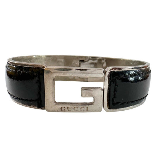 Gucci Black Leather Metal Hinged Bangle Bracelet