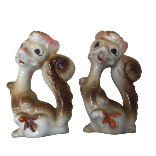 Vintage 1950s Pair of Hand Painted Ceramic Squirrel Figurines