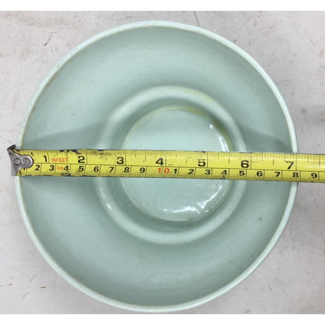 Vintage 7" Ceramic Light Green/Gold Metal Footed Bowl