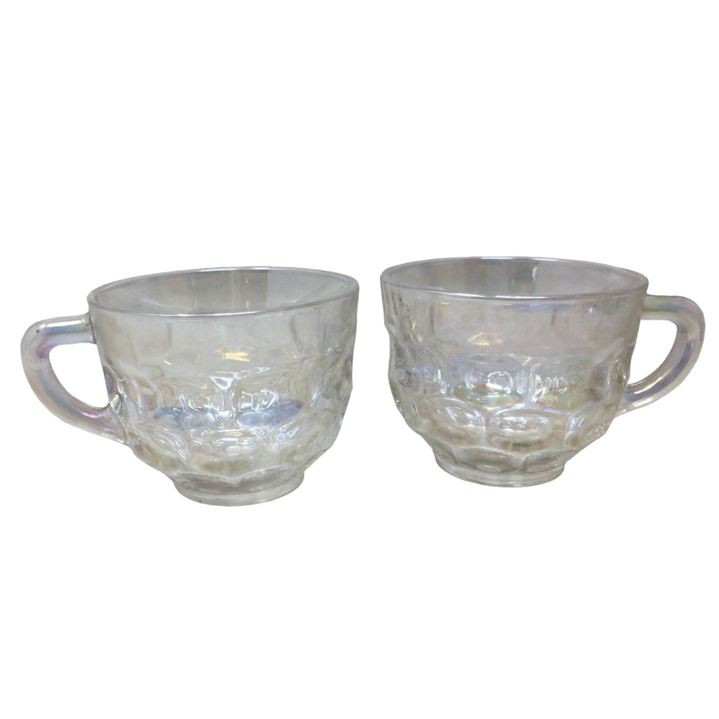 Federal Glass Iridescent Rainbow Thumbprint Tea Cups/Punch Cups with Handles