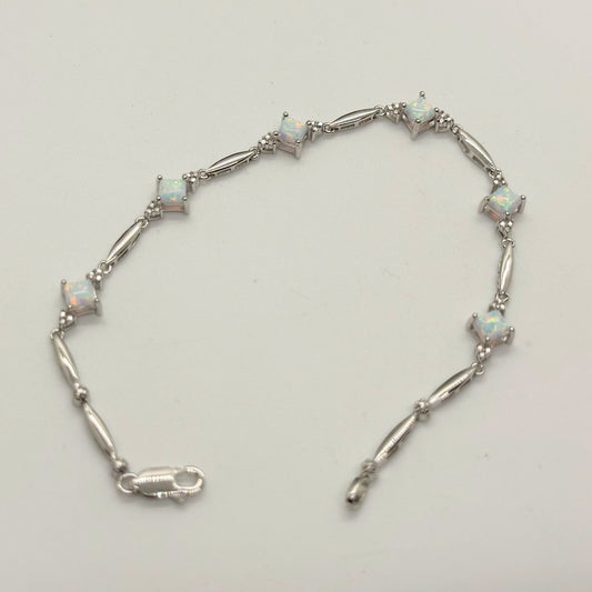 Princess Cut Lab Created Opals & Natural Diamond Accent Bracelet - Sterling Silver (.925)