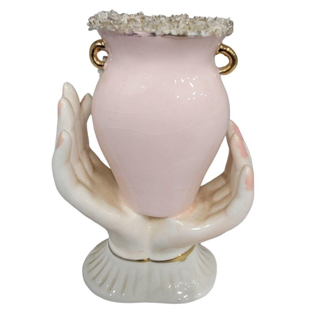 Porcelain Hands holding Urn Style Vase with 3d Flowers - Gold Accents Mid-century Believed to be Lefton China -