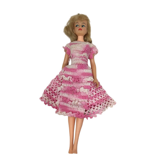 Vintage 1960's Collectible Barbie Doll Blonde Hair/Green Eyes, wearing crocheted Pink Dress