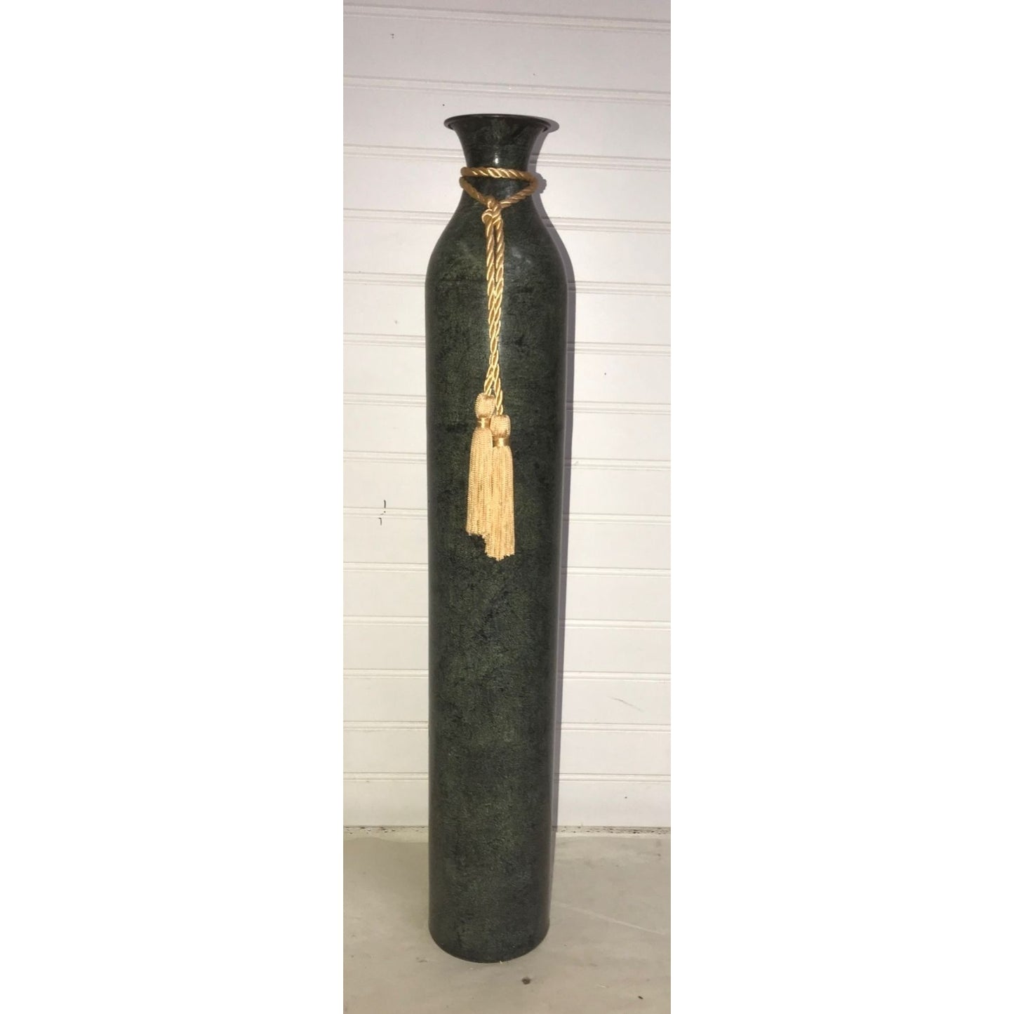 Tall Straight bottom Green Metal Vase with gold tassels- 24" tall