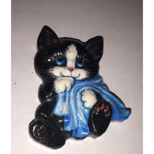 Vintage Refrigerator Magnet- Black Cat with Blue Eyes and Blanket