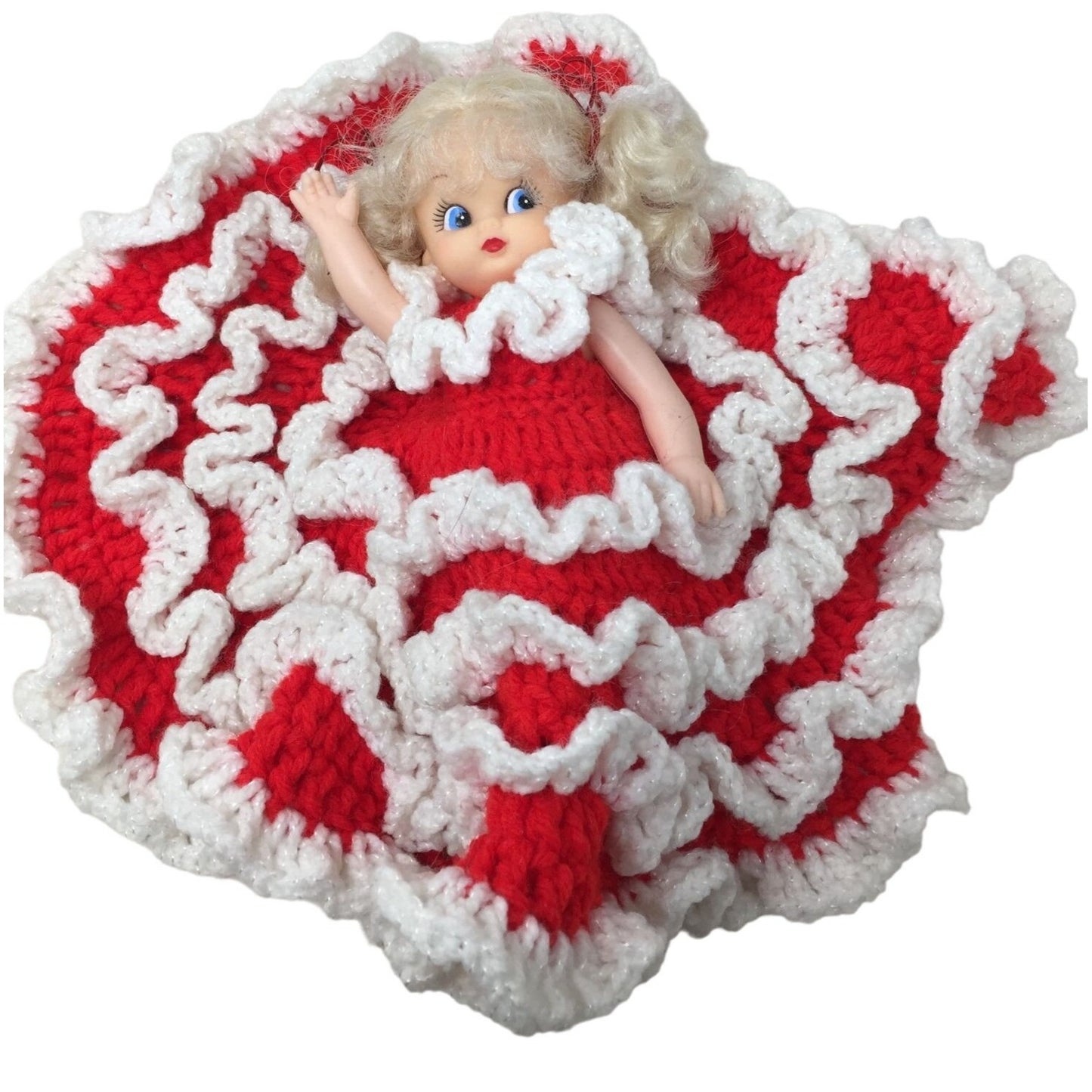 Cute Christmas Tree Topper Doll in Hand Crocheted Red Dress w White Ruffles - Blonde Hair & Blue Eyes