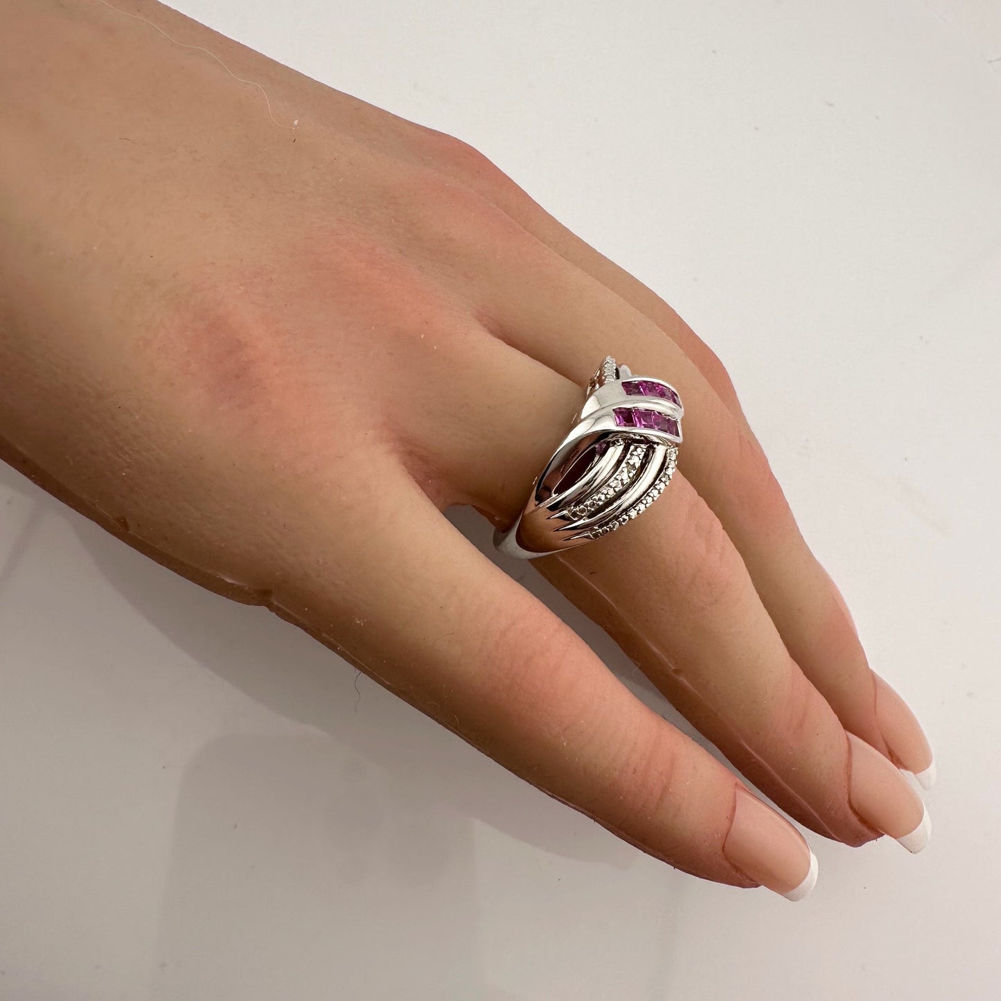 Detailed Lab Created Pink Sapphire and Sterling Ring - Size 7