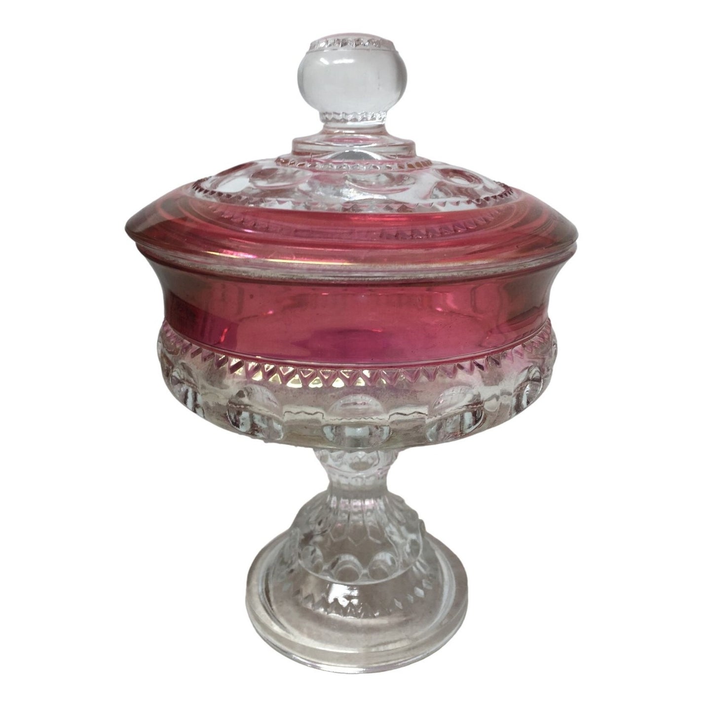 Vintage Clear and Red King's Crown Thumbprint Patterned Glass Lidded Trinket/Candy Dish