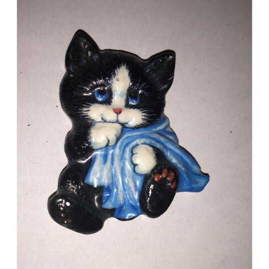 Vintage Refrigerator Magnet- Black Cat with Blue Eyes and Blanket