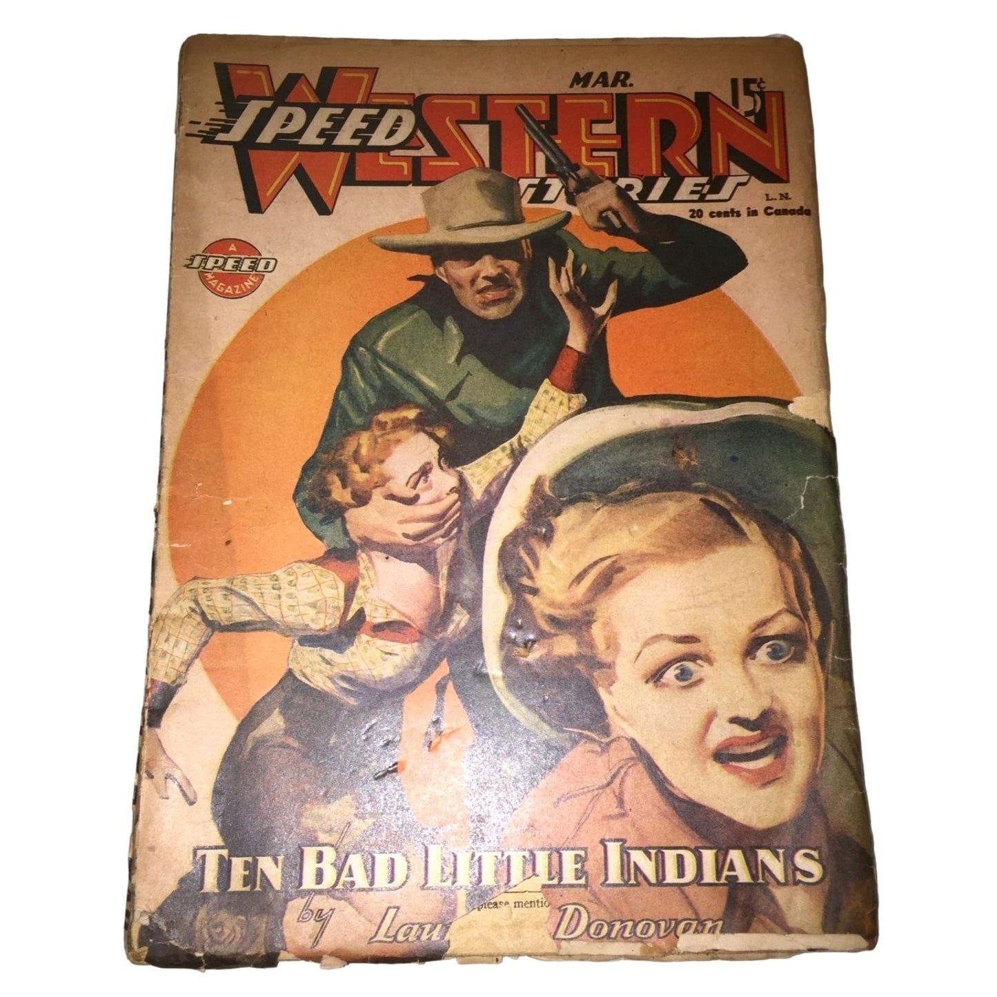 Vintage Cowboy - Speed Western Stories - March 1945 - The Bad Little Indians Pulp Cover - By Laurel Donovan