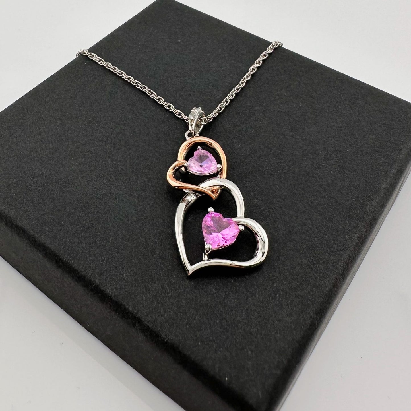 Beautiful Hearts Entwined 2 Tone Double Heart Necklace with Heart Shaped Gemstones