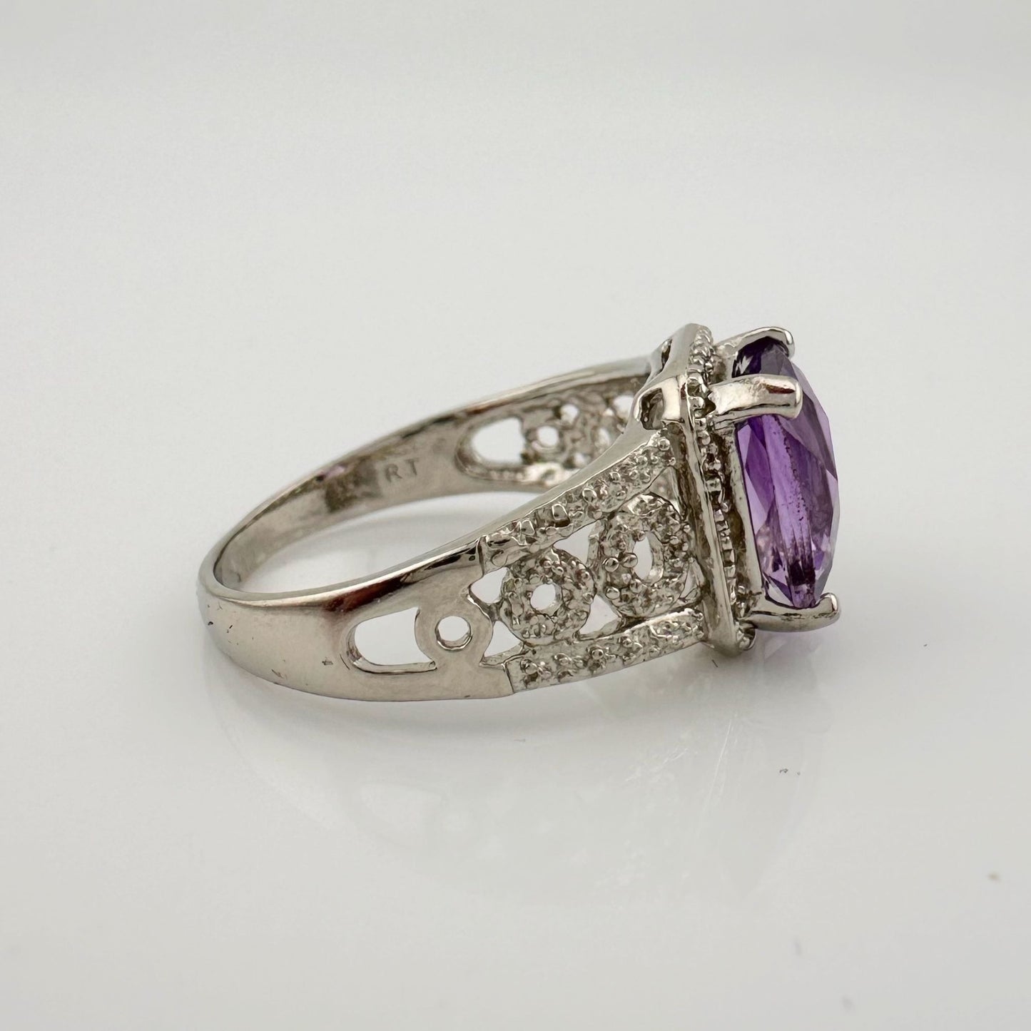 Beautiful Emerald Cut 2.25 Carat Amethyst Ring - Sterling w Diamond Accent Size 8