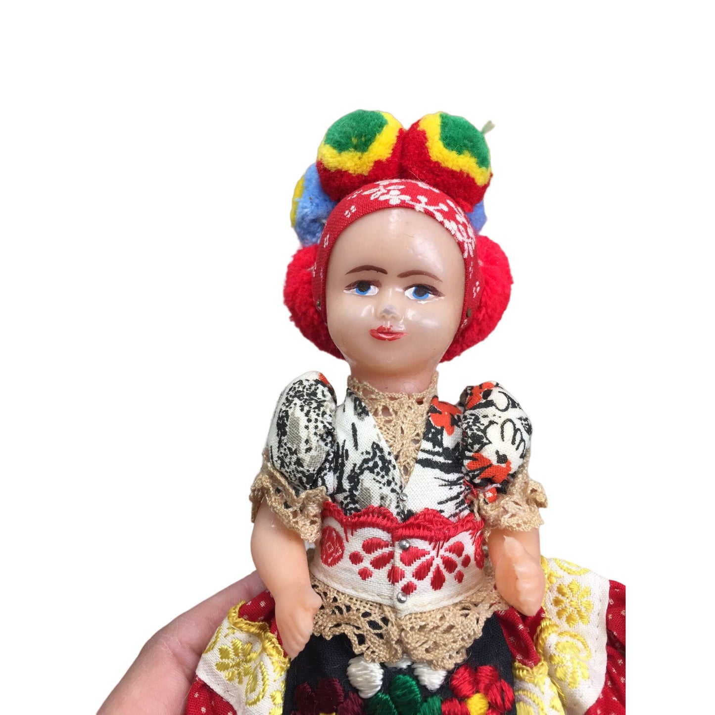 Vintage Collectible Hungarian Doll wearing Traditional Costume/Pompom Headdress/Apron