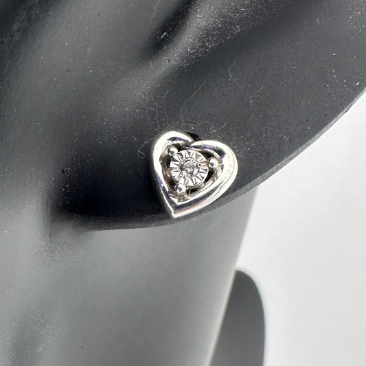 Sterling Silver Heart Shaped Stud Earrings with Natural Diamond in Illusion Setting .925