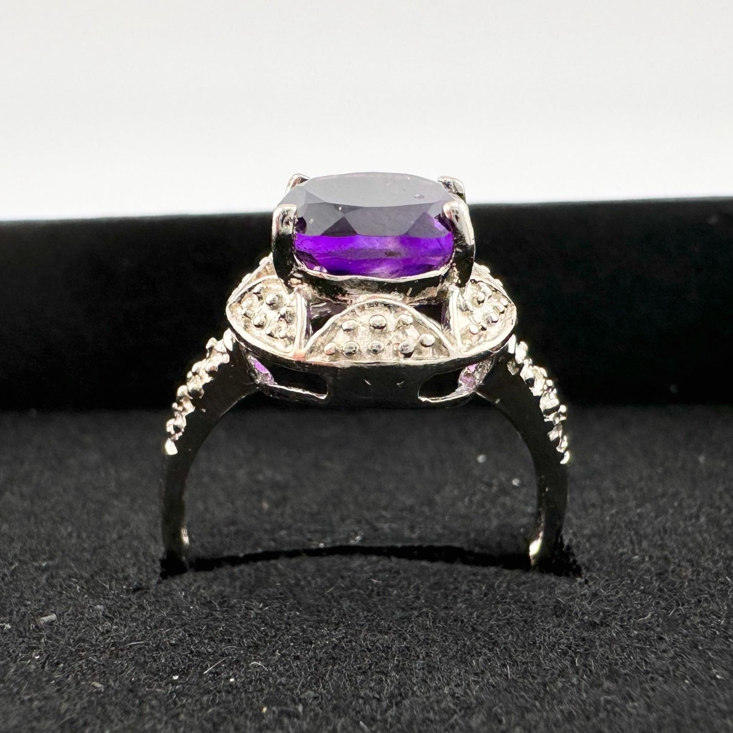 Beautiful Dark Purple Amethyst and Diamond Accent Ring - Sterling Silver Size 7.25