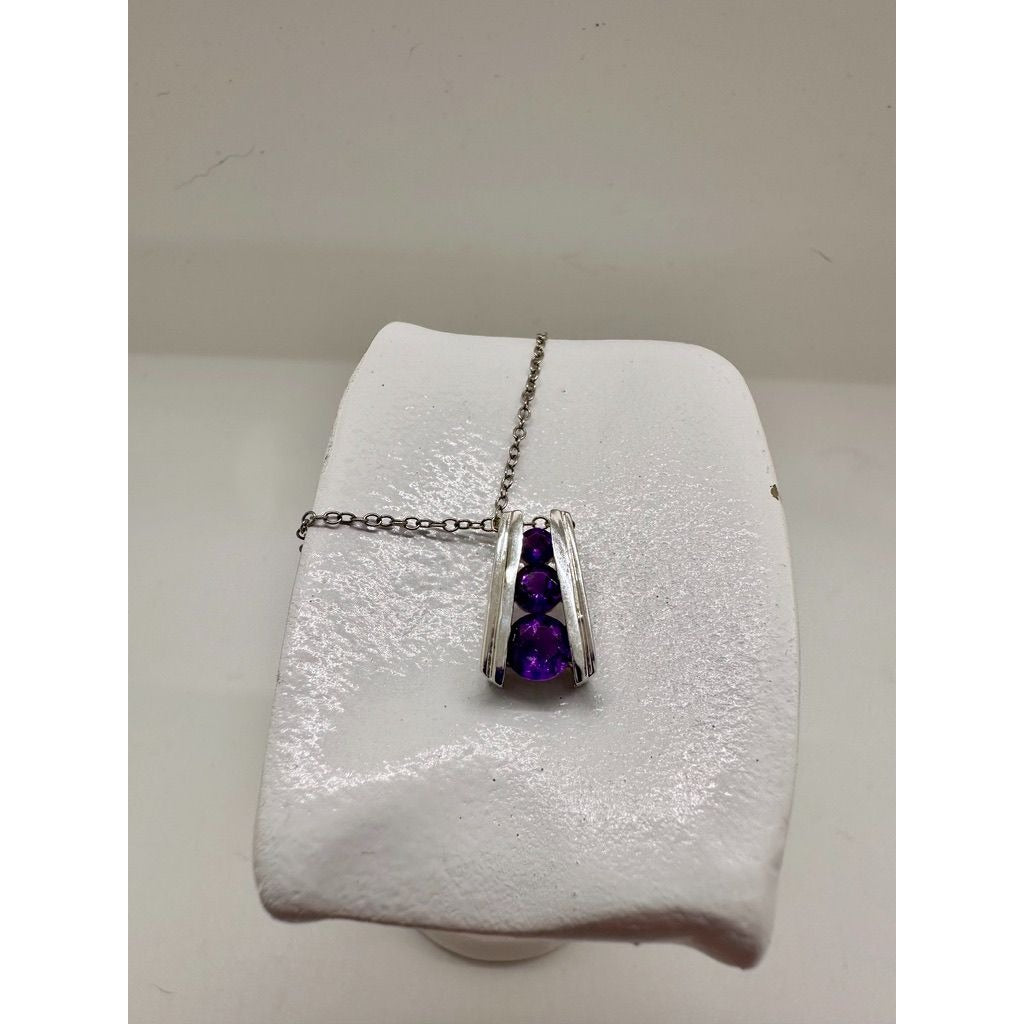 African Amethyst 3 Stone Graduated Pendant  (Sterling Silver) w Neckace