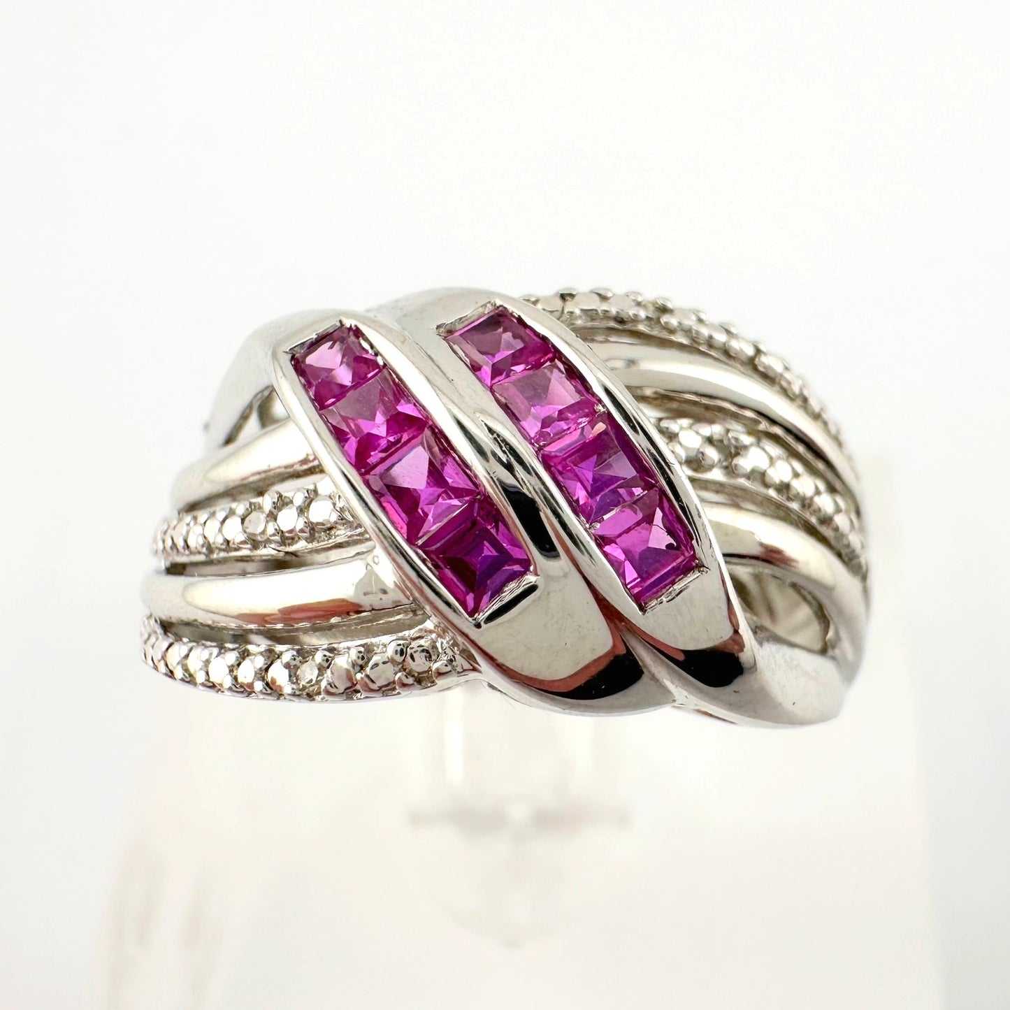 Detailed Lab Created Pink Sapphire and Sterling Ring - Size 7