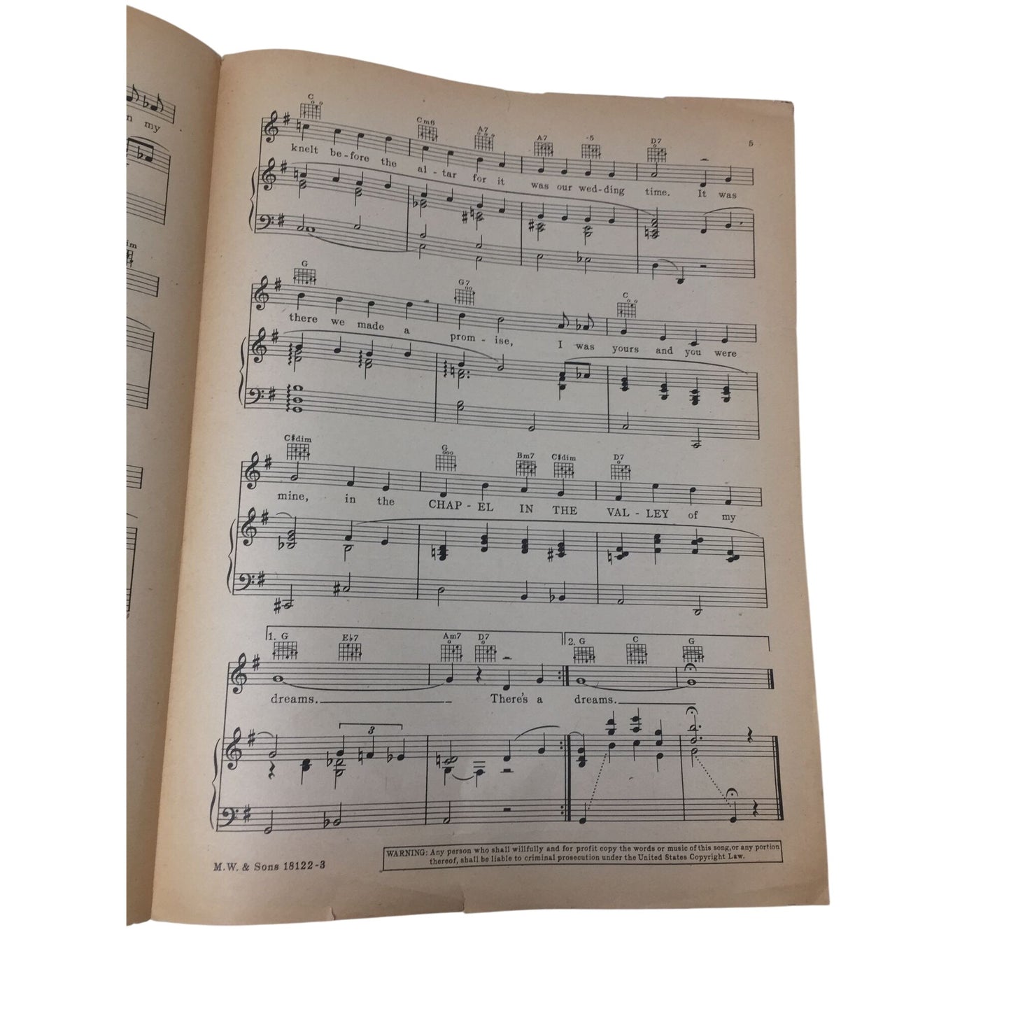 "Chapel In The Valley" Vintage 1940 Sheet Music