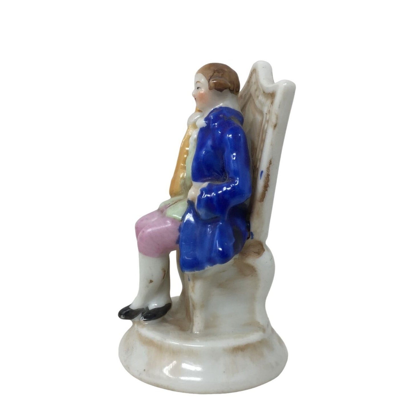 Small Vintage Colonial Man Sitting in Chair & Holding Violin Figurine Occupied Japan