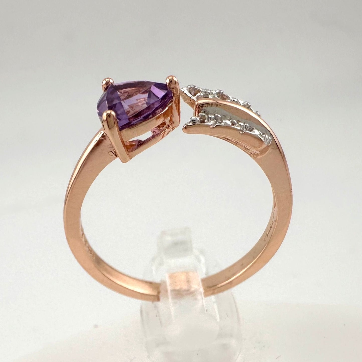 Beautiful Trillion Cut Purple Amethyst Arrow Ring  14kt Rose Gold Overlay Sterling Silver - Size 7