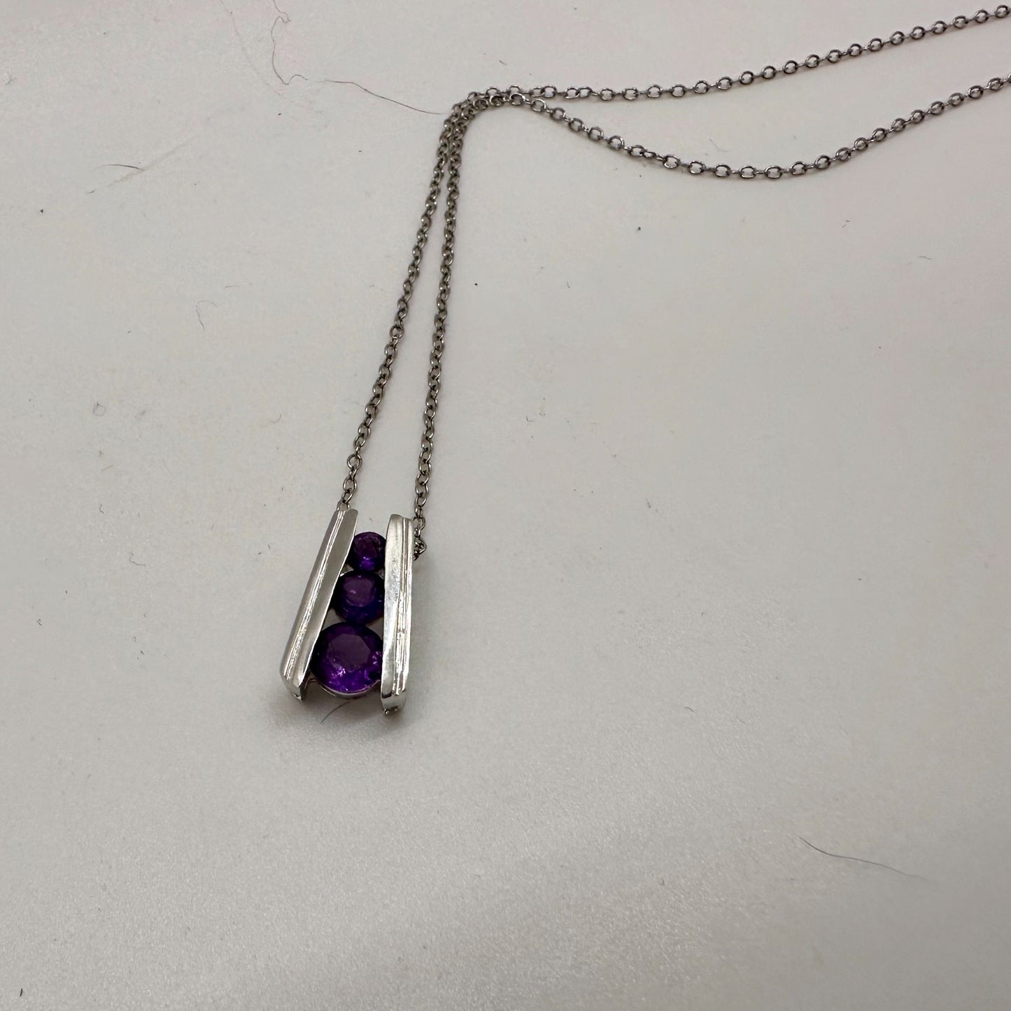 African Amethyst 3 Stone Graduated Pendant  (Sterling Silver) w Neckace