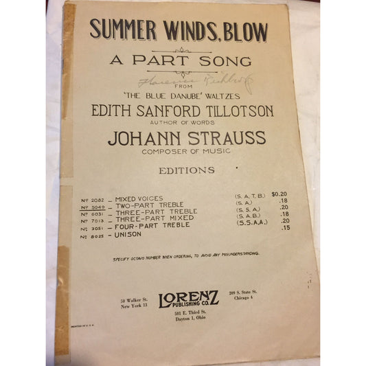 Summer Winds Blow A Part Song & Lorenz's Chorus Concert 2 Part Vintage Sheet Music