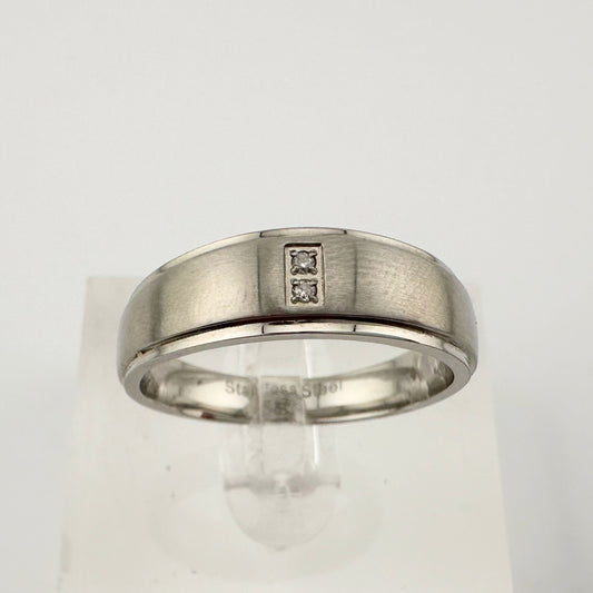 Polished Stainless Steel Diamond Wedding Band - Size 7.5