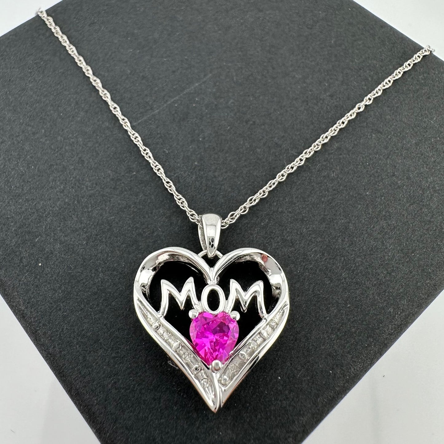 Bright and Beautiful "Mom" Neckace - Heart Shaped Lab Created Pink Sapphire - Sterling