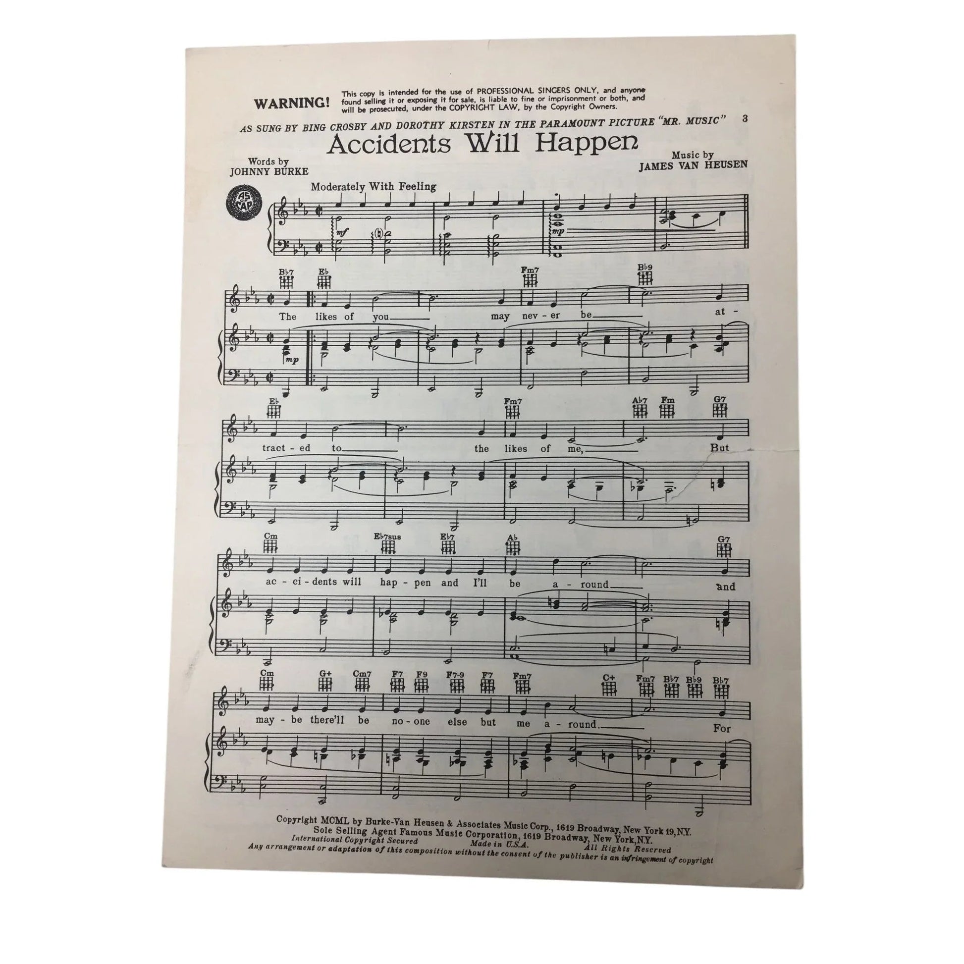 ''Accidents Will Happen'' by Johnny Burke and James Van Heusen - A+ Stuff - SHEET MUSIC - A+ Stuff