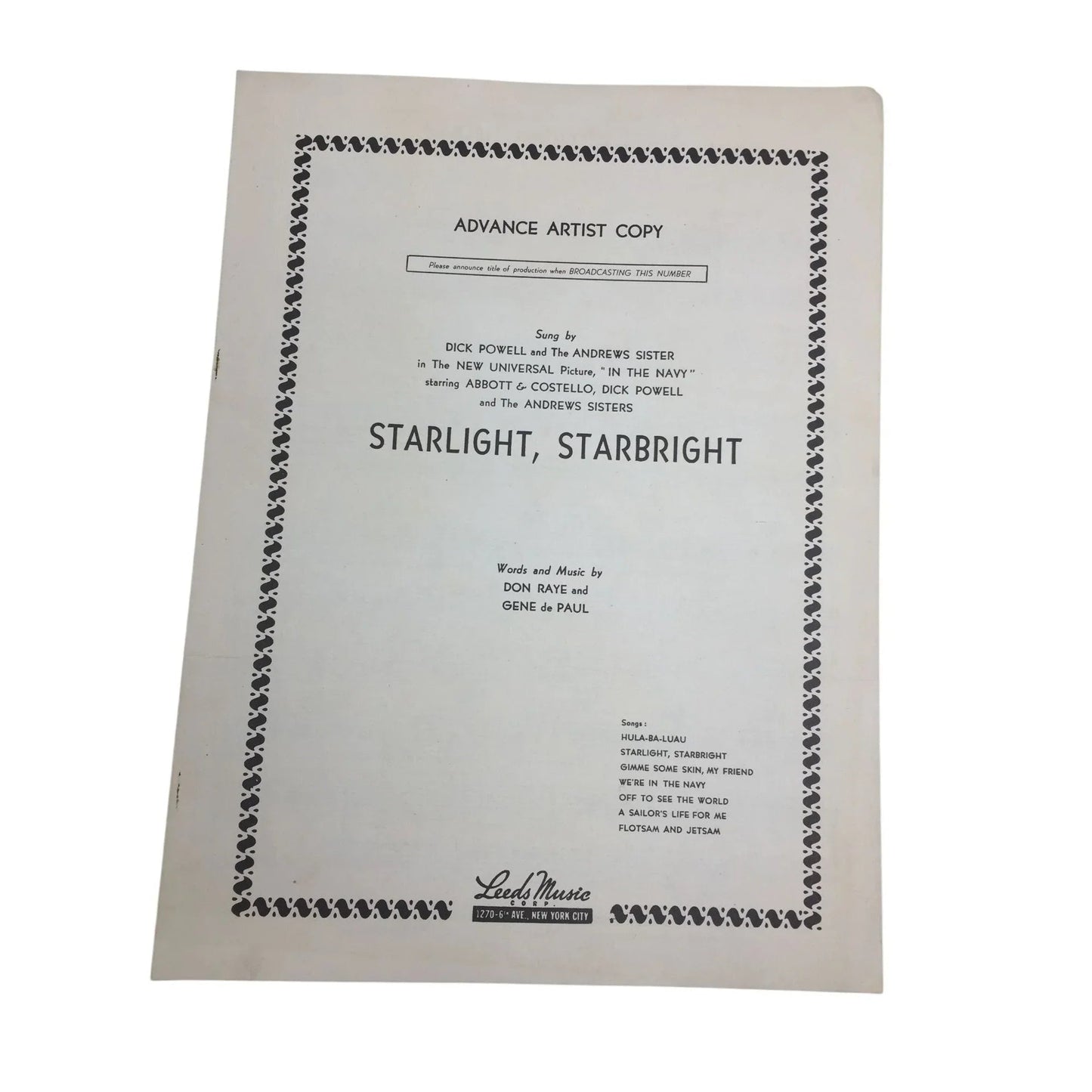 Advance artist copy ''Starlight, Starbright'' Vintage sheet music - A+ Stuff - SHEET MUSIC - A+ Stuff