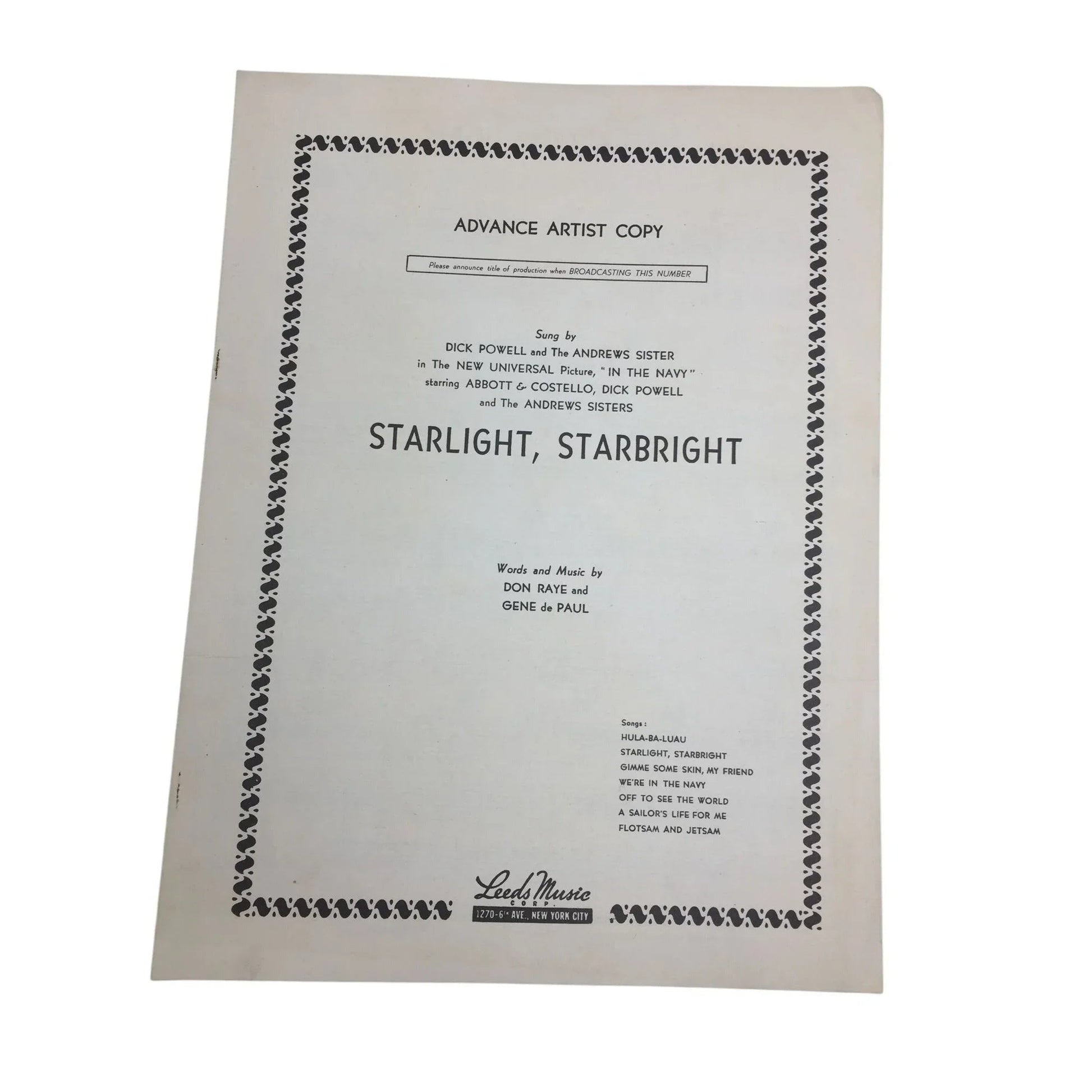 Advance artist copy ''Starlight, Starbright'' Vintage sheet music - A+ Stuff - SHEET MUSIC - A+ Stuff