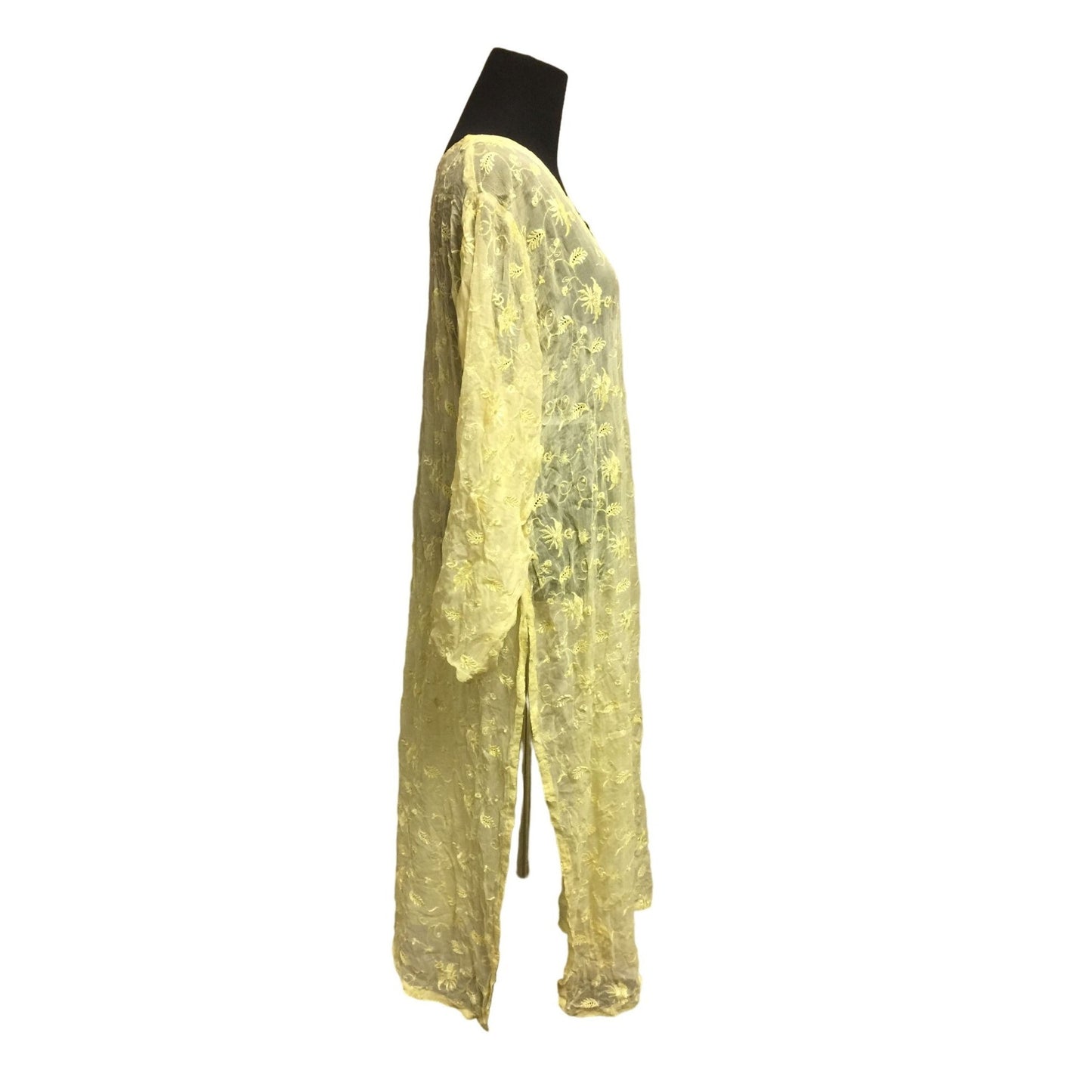 Womens Sheer Floral Lace Yellow Maxi Long Sleeve Dress/Bathing Suit Cover Up