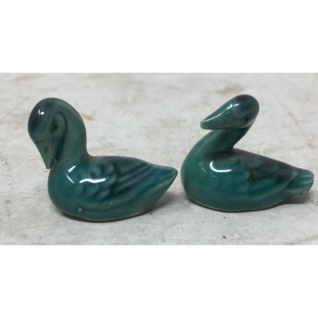 Two Vintage Small Miniature Glazed Duck Bird Figurines- Made in Germany