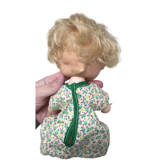 Vintage Collectible Baby Doll Blonde Hair/Green Floral Printed Dress- Rattles when you shake it