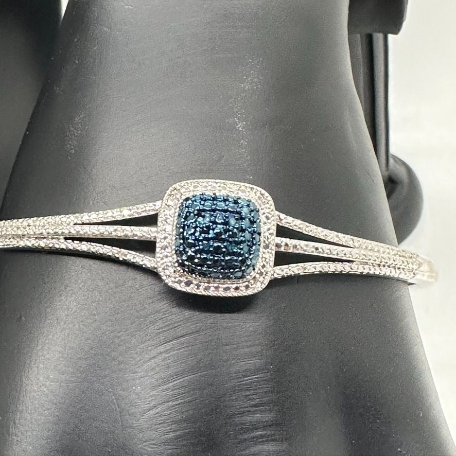 Cushion Cut Blue Diamond Accent Cuff Bracelet - Rhodium Overlay Brass - Beautiful Setting